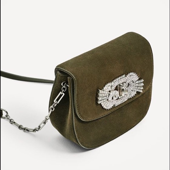 Zara Bags Zara Olive Green Suede Crossbody With Rhinestones Poshmark